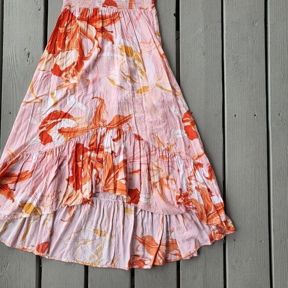 Abel The Label Maxi Dress Floral Tropical Pattern Hi-Lo‎ Ruffled Hem Pink Medium - Picture 3 of 7